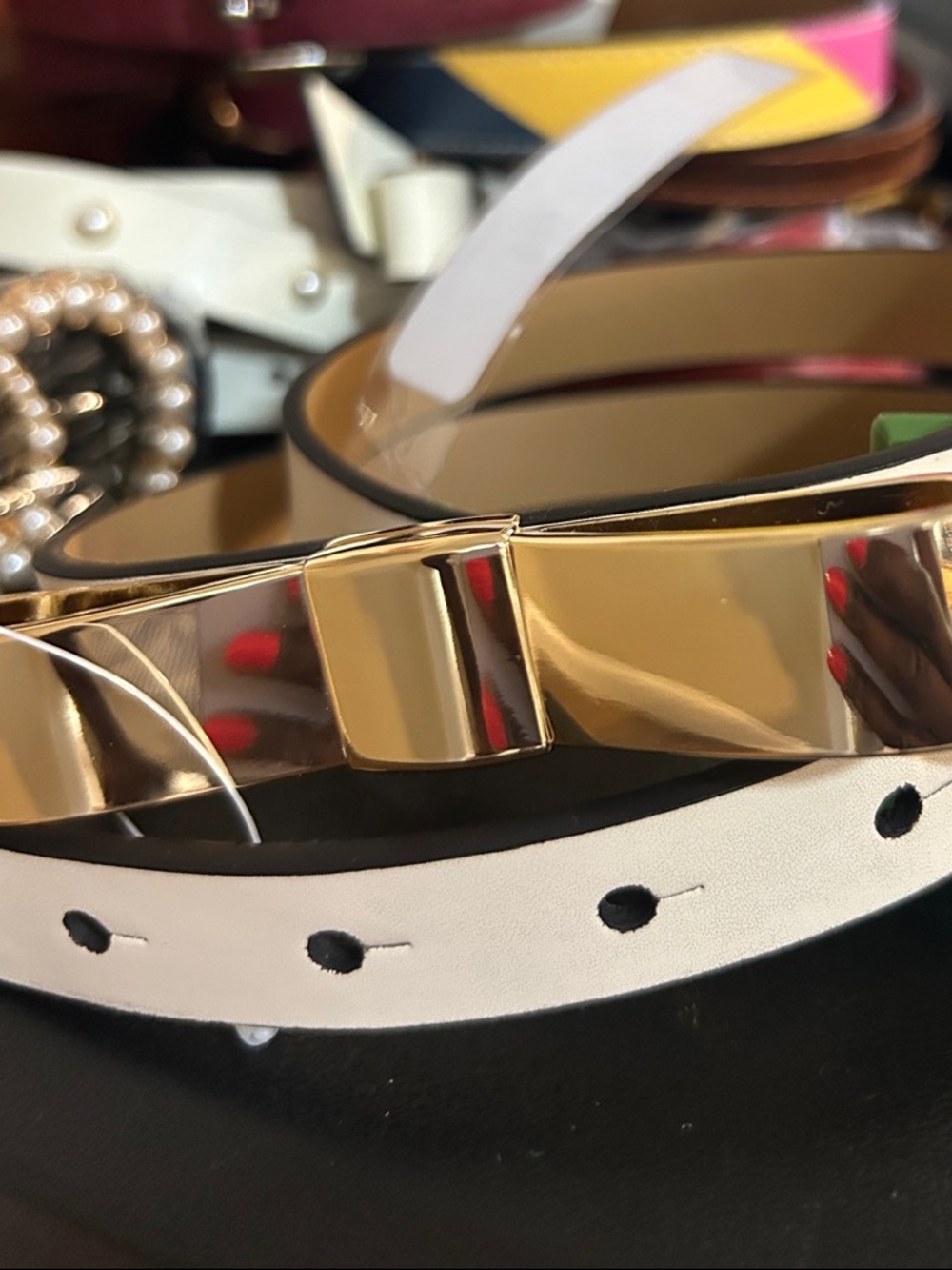 kate spade White Leather Belt with Gold Bow Buckle